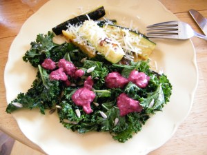 Wilted kale salad  with blackberry dressing (and sautéed zucchini spears with garlic & parmesan).